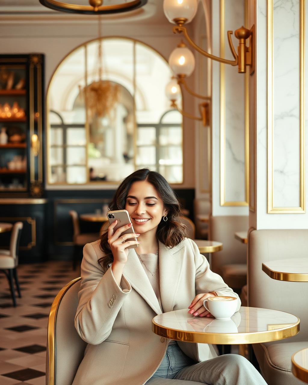 Woman enjoying a quiet moment in an elegant café