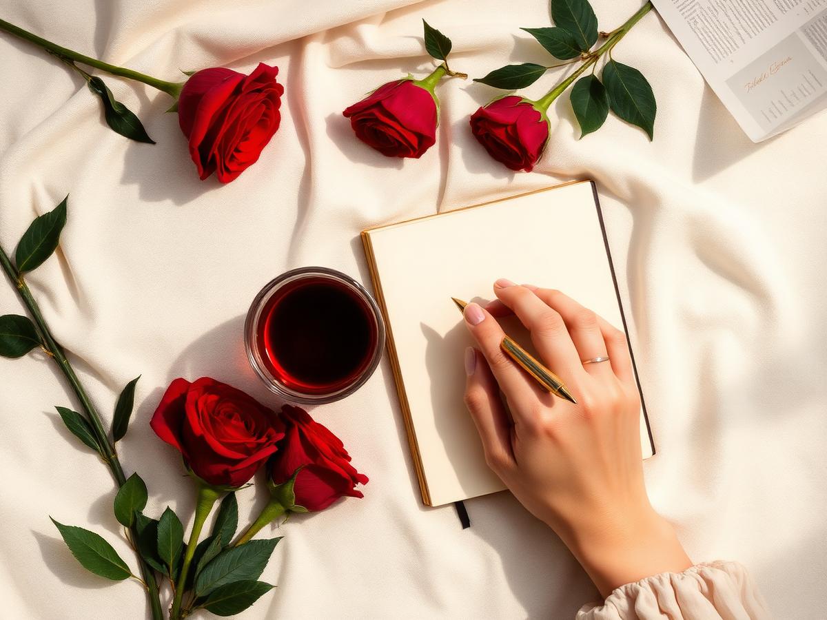Elegant flatlay of a journal, roses and tea — building a brand with intention